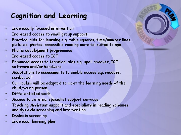 Cognition and Learning • • • • Individually focused intervention Increased access to small