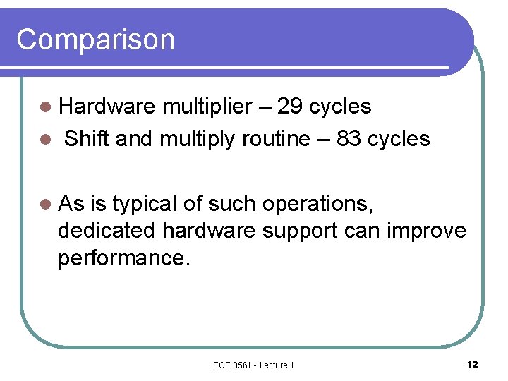 Comparison l Hardware multiplier – 29 cycles l Shift and multiply routine – 83