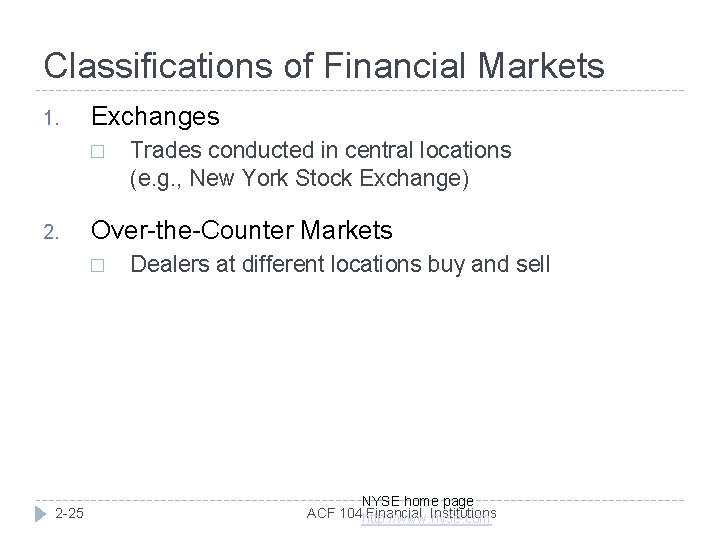 Classifications of Financial Markets 1. Exchanges � 2. Over-the-Counter Markets � 2 -25 Trades