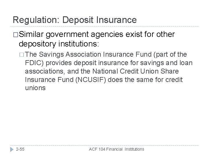 Regulation: Deposit Insurance �Similar government agencies exist for other depository institutions: � The Savings