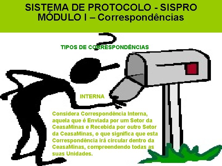 SISTEMA DE PROTOCOLO - SISPRO MÓDULO I – Correspondências EXTERNA TIPOS DE CORRESPONDÊNCIAS INTERNA