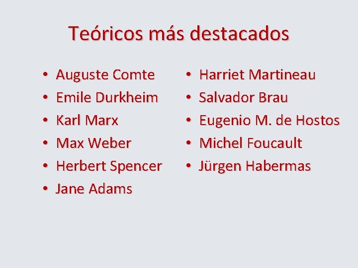 Teóricos más destacados • • • Auguste Comte Emile Durkheim Karl Marx Max Weber