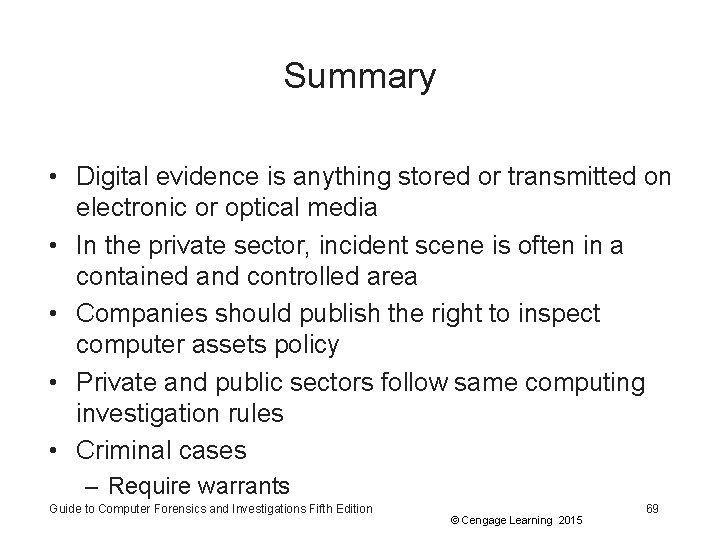 Summary • Digital evidence is anything stored or transmitted on electronic or optical media