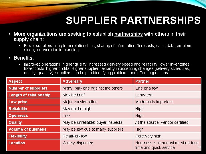 SUPPLIER PARTNERSHIPS • More organizations are seeking to establish partnerships with others in their