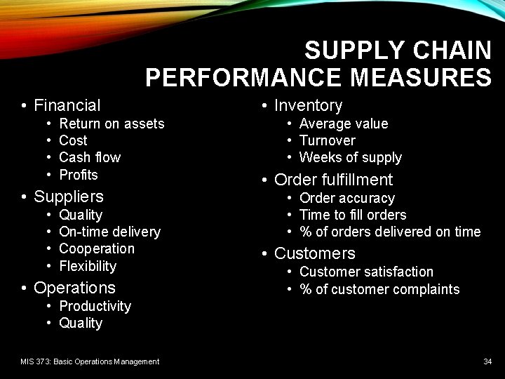 SUPPLY CHAIN PERFORMANCE MEASURES • Financial • • Return on assets Cost Cash flow