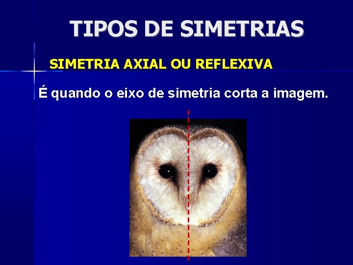 TIPOS DE SIMETRIAS SIMETRIA AXIAL OU REFLEXIVA É quando o eixo de simetria corta