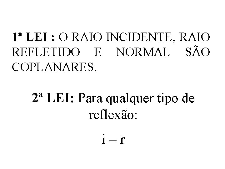 1ª LEI : O RAIO INCIDENTE, RAIO REFLETIDO E NORMAL SÃO COPLANARES. 2ª LEI: