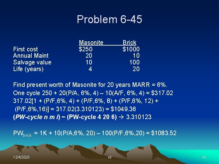 Problem 6 -45 First cost Annual Maint Salvage value Life (years) Masonite $250 20 Problem 6 -45 First cost Annual Maint Salvage value Life (years) Masonite $250 20