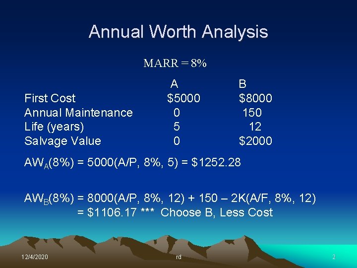 Annual Worth Analysis MARR = 8% First Cost Annual Maintenance Life (years) Salvage Value Annual Worth Analysis MARR = 8% First Cost Annual Maintenance Life (years) Salvage Value