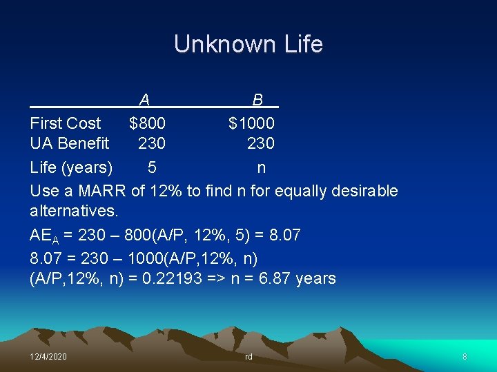 Unknown Life A B First Cost $800 $1000 UA Benefit 230 Life (years) 5 Unknown Life A B First Cost $800 $1000 UA Benefit 230 Life (years) 5
