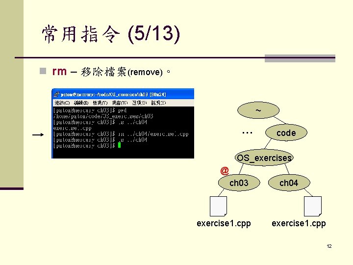 常用指令 (5/13) n rm – 移除檔案(remove)。 ~ … code OS_exercises @ ch 03 exercise