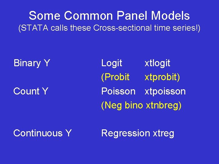 Some Common Panel Models (STATA calls these Cross-sectional time series!) Binary Y Count Y