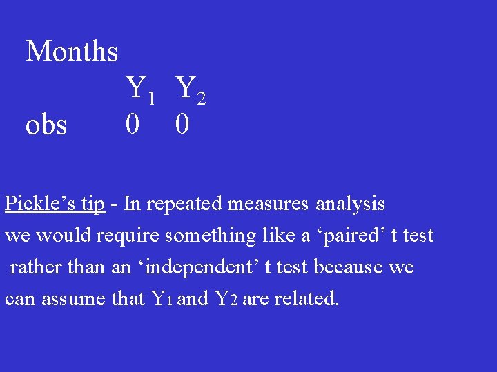 Months obs Y 1 Y 2 0 0 Pickle’s tip - In repeated measures