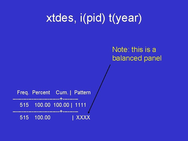 xtdes, i(pid) t(year) Note: this is a balanced panel Freq. Percent Cum. | Pattern