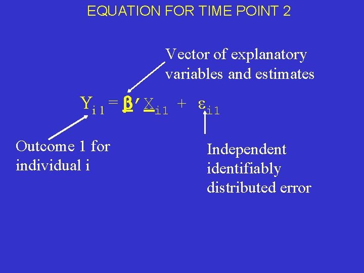 EQUATION FOR TIME POINT 2 Vector of explanatory variables and estimates Yi 1 =