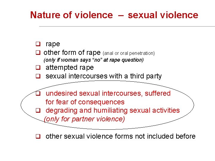 Nature of violence – sexual violence q rape q other form of rape (anal