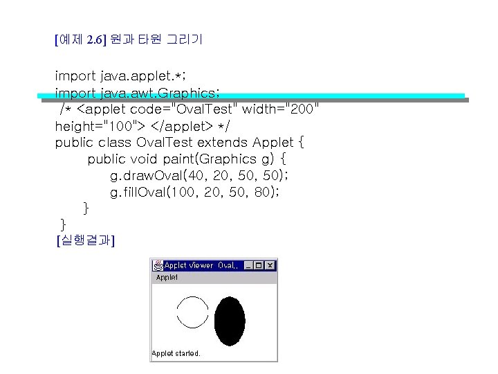 [예제 2. 6] 원과 타원 그리기 import java. applet. *; import java. awt. Graphics;