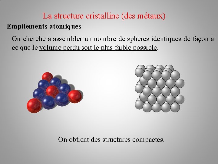 La structure cristalline (des métaux) Empilements atomiques: On cherche à assembler un nombre de
