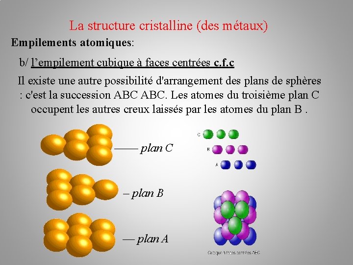 La structure cristalline (des métaux) Empilements atomiques: b/ l’empilement cubique à faces centrées c.