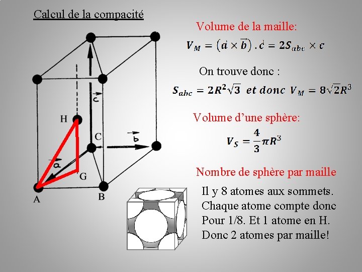 Calcul de la compacité Volume de la maille: On trouve donc : Volume d’une