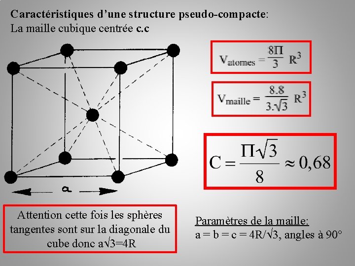 Caractéristiques d’une structure pseudo-compacte: La maille cubique centrée c. c Attention cette fois les Caractéristiques d’une structure pseudo-compacte: La maille cubique centrée c. c Attention cette fois les