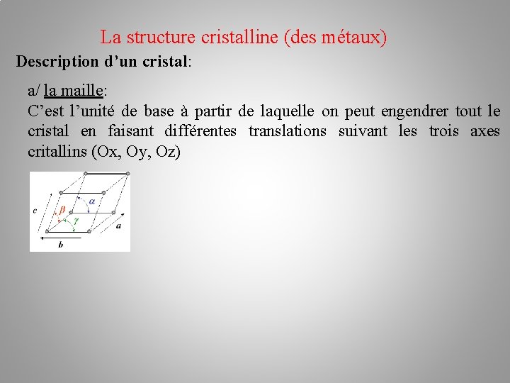 La structure cristalline (des métaux) Description d’un cristal: a/ la maille: C’est l’unité de