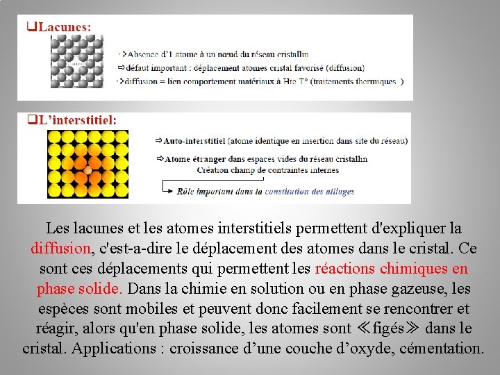 Les lacunes et les atomes interstitiels permettent d'expliquer la diffusion, c'est-a-dire le déplacement des