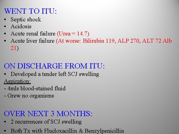 WENT TO ITU: • • Septic shock Acidosis Acute renal failure (Urea = 14.