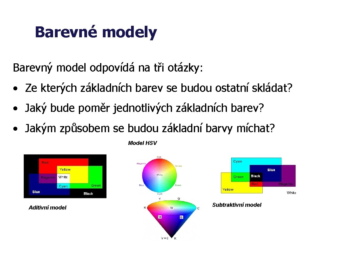 Barevné modely Barevný model odpovídá na tři otázky: • Ze kterých základních barev se