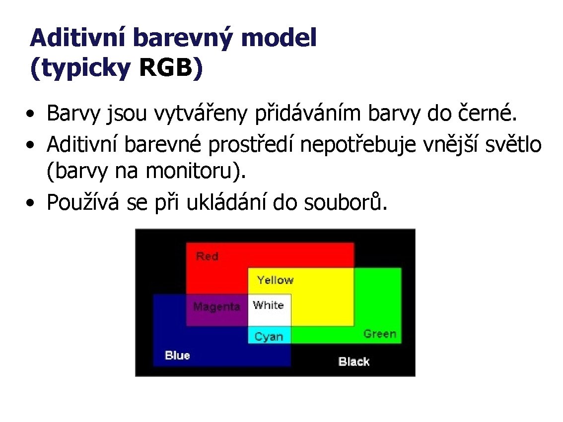 Aditivní barevný model (typicky RGB) • Barvy jsou vytvářeny přidáváním barvy do černé. •