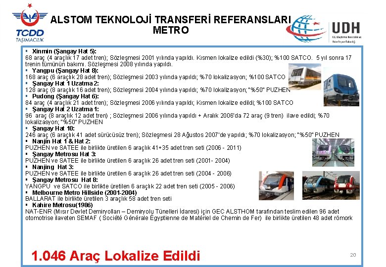 ALSTOM TEKNOLOJİ TRANSFERİ REFERANSLARI METRO § Xinmin (Şangay Hat 5): 68 araç (4 araçlık