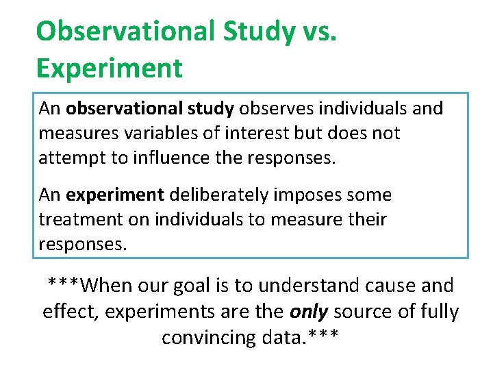 Observational Study vs. Experiment An observational study observes individuals and measures variables of interest