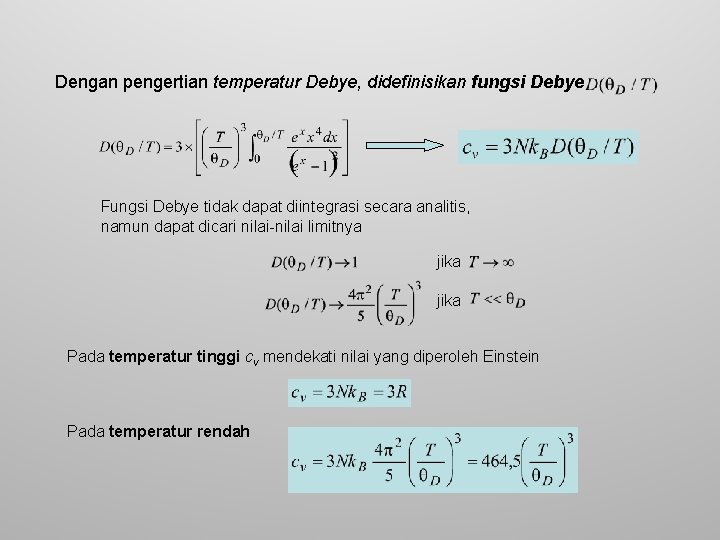 Dengan pengertian temperatur Debye, didefinisikan fungsi Debye Fungsi Debye tidak dapat diintegrasi secara analitis,