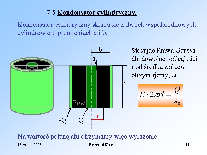 7. 5 Kondensator cylindryczny składa się z dwóch współśrodkowych cylindrów o p promieniach a