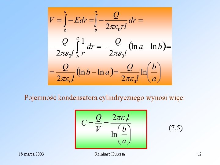 Pojemność kondensatora cylindrycznego wynosi więc: (7. 5) 18 marca 2003 Reinhard Kulessa 12 