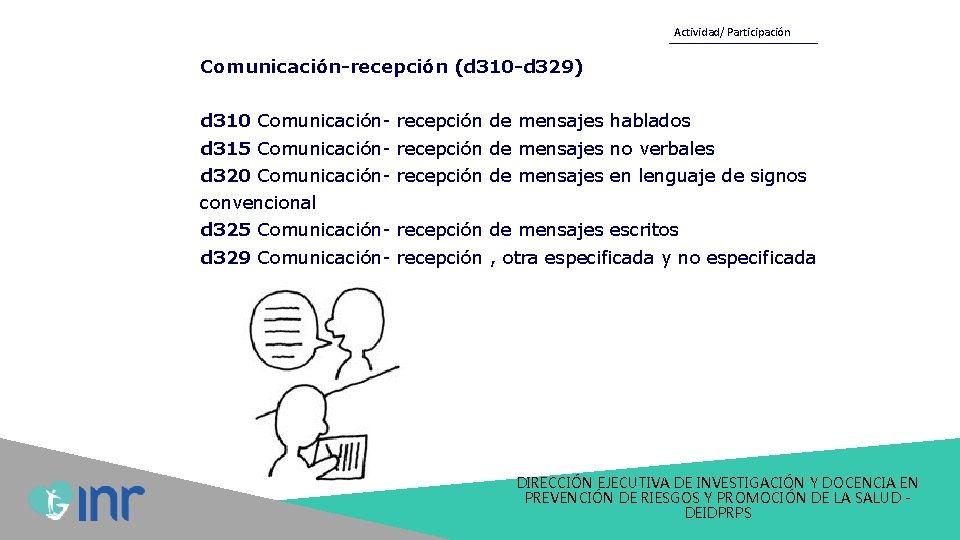 Actividad/ Participación Comunicación-recepción (d 310 -d 329) d 310 Comunicación- recepción de mensajes hablados