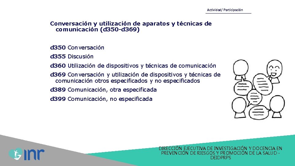 Actividad/ Participación Conversación y utilización de aparatos y técnicas de comunicación (d 350 -d