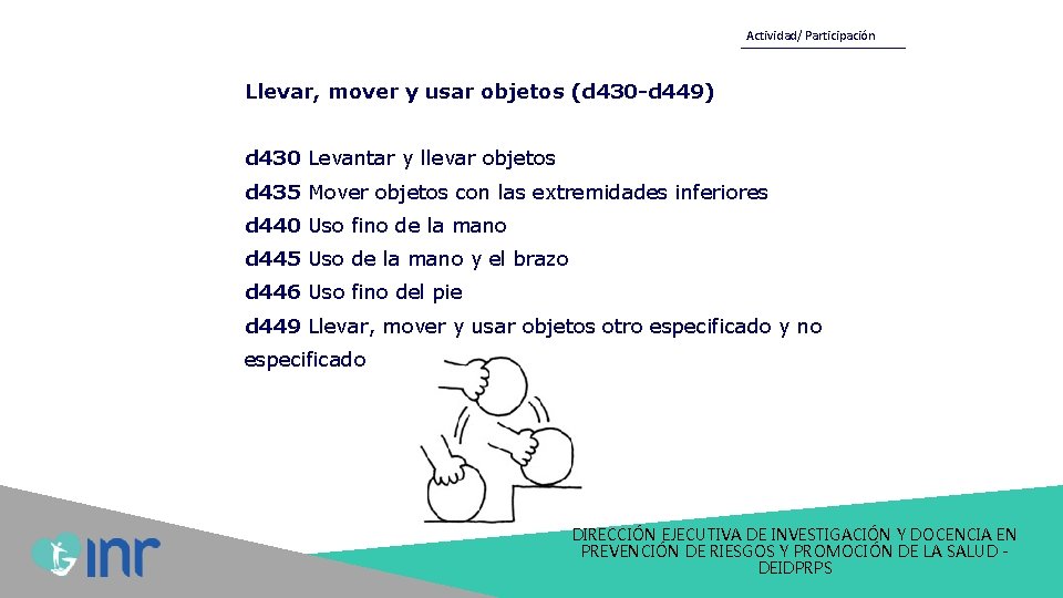 Actividad/ Participación Llevar, mover y usar objetos (d 430 -d 449) d 430 Levantar