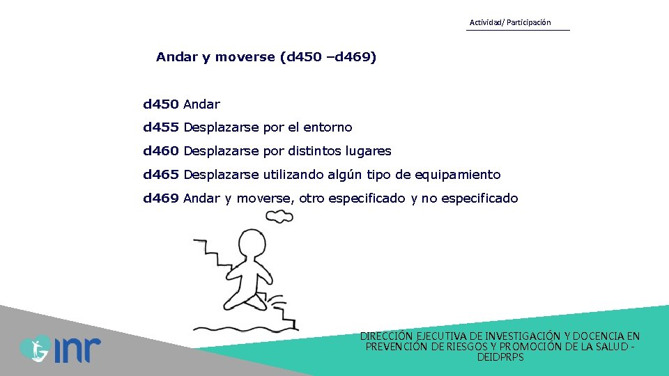 Actividad/ Participación Andar y moverse (d 450 –d 469) d 450 Andar d 455