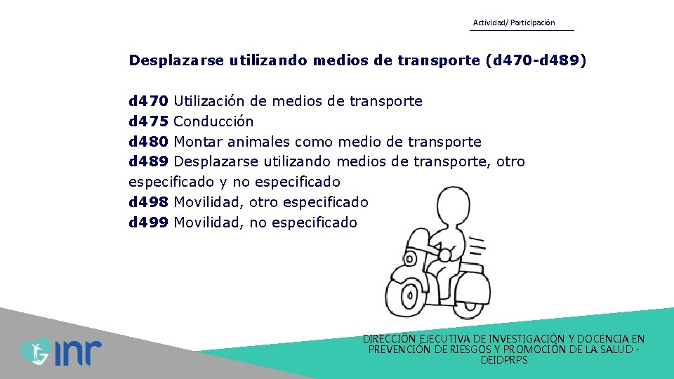 Actividad/ Participación Desplazarse utilizando medios de transporte (d 470 -d 489) d 470 Utilización