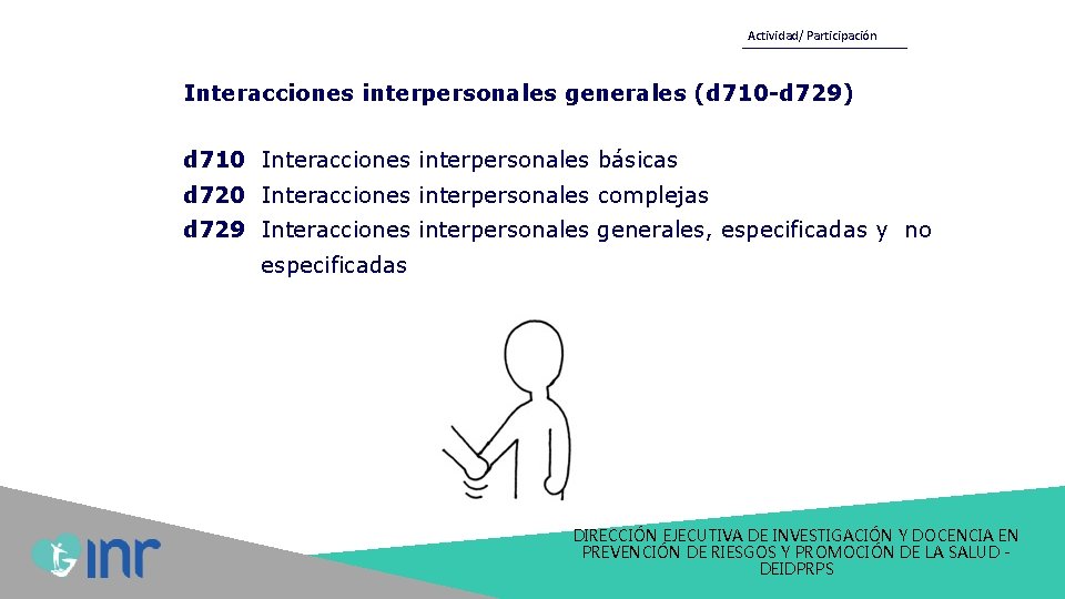 Actividad/ Participación Interacciones interpersonales generales (d 710 -d 729) d 710 Interacciones interpersonales básicas