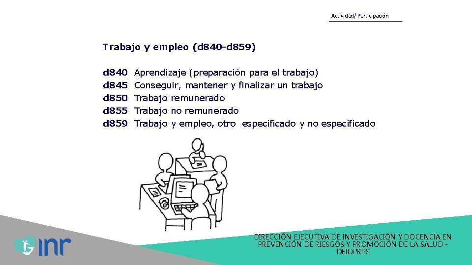 Actividad/ Participación Trabajo y empleo (d 840 -d 859) d 840 d 845 d