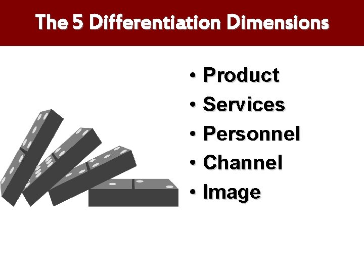 The 5 Differentiation Dimensions • Product • Services • Personnel • Channel • Image