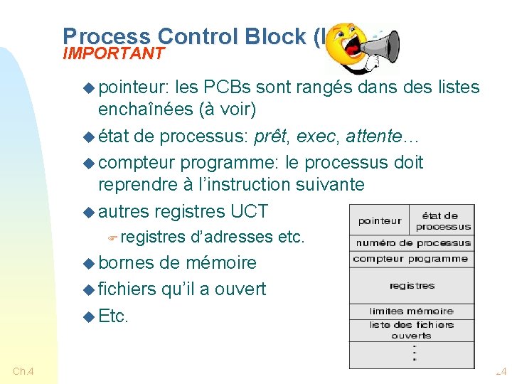 Process Control Block (PCB) IMPORTANT u pointeur: les PCBs sont rangés dans des listes