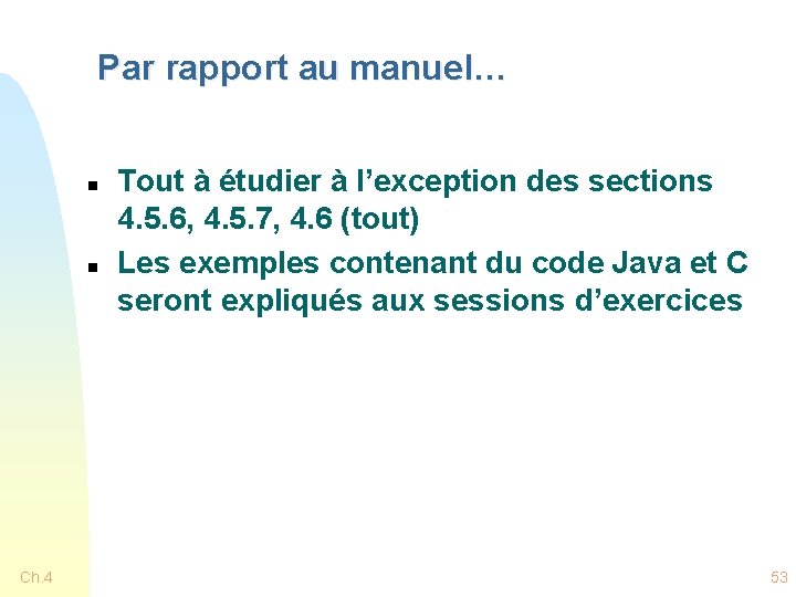 Par rapport au manuel… n n Ch. 4 Tout à étudier à l’exception des