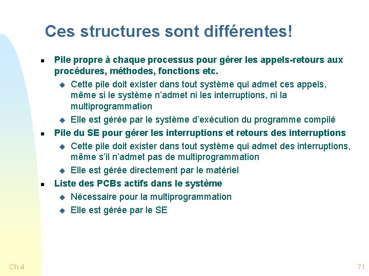 Ces structures sont différentes! n n n Ch. 4 Pile propre à chaque processus