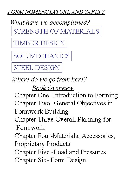 FORM NOMENCLATURE AND SAFETY What have we accomplished? STRENGTH OF MATERIALS TIMBER DESIGN SOIL