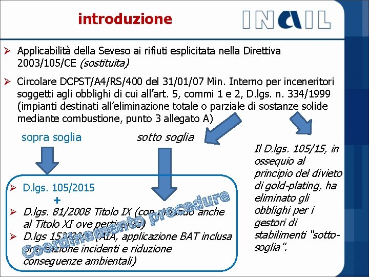 introduzione Ø Applicabilità della Seveso ai rifiuti esplicitata nella Direttiva 2003/105/CE (sostituita) Ø Circolare
