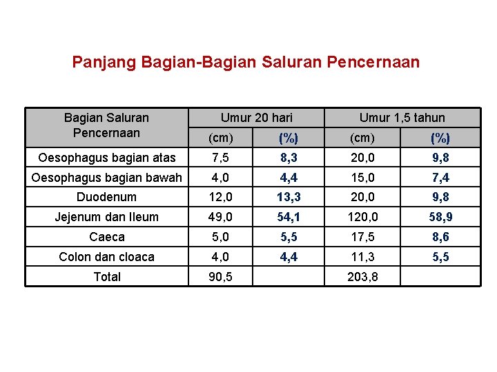  Panjang Bagian-Bagian Saluran Pencernaan Umur 20 hari Umur 1, 5 tahun (cm) (%)