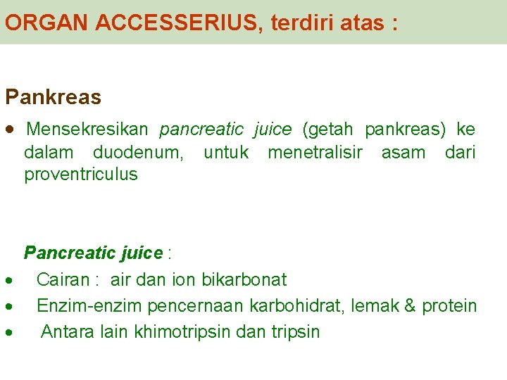 ORGAN ACCESSERIUS, terdiri atas : Pankreas · Mensekresikan pancreatic juice (getah pankreas) ke dalam ORGAN ACCESSERIUS, terdiri atas : Pankreas · Mensekresikan pancreatic juice (getah pankreas) ke dalam